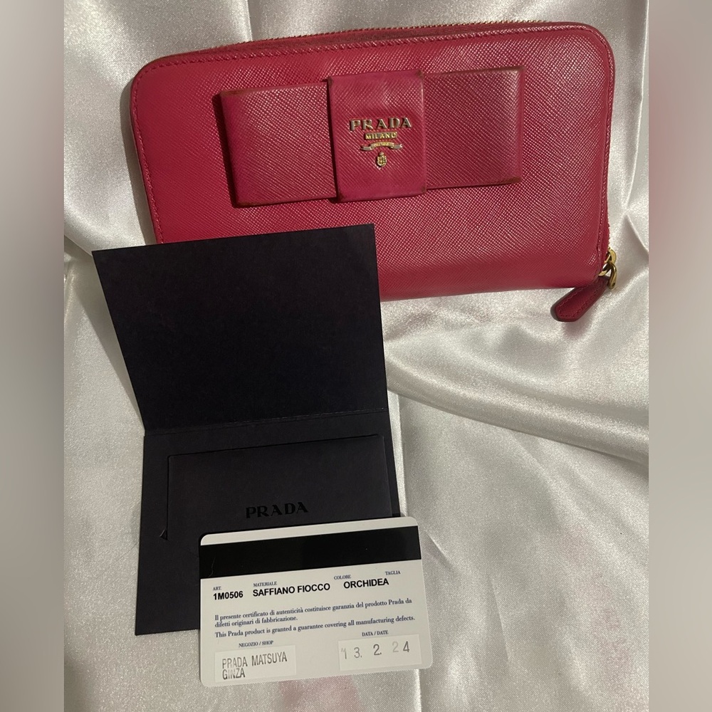 Prada! GUC - Pink (Orchidea) Ribbon Saffiano Fiocco Leather Zippy Long Wallet